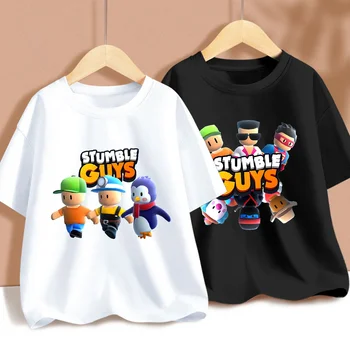 Stumble Guys/ Детска Тениска От Памук С Анимационни герои, Черно-Бяла Тениска, Скъпа широки Дрехи С къс Ръкав За Момчета И Момичета, Подарък