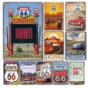 Плакат Route 66 Реколта метална лидице знак Ретро Пътни знаци Автомобили метални табели за гараж Бара на клуба бензиностанция 8 X 12 см