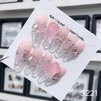 10 Бр. Ръчно изработени Розови Тематична печат за нокти с дизайн във форма на гроб, цвят Омбре, Диаманти, пълно покритие, подходящ за носене на изкуствен нокът на пръста
