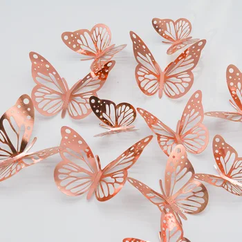 12шт 3D кухи стикери с пеперуди злато, сребро, розово-златист цвят, стенен декор с пеперуди за тематични партита