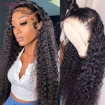 13 × 4 Перуки от човешка коса с една вълнообразна дантела отпред за черни жени, предварително выщипанные Прозрачни перуки с една вълнообразна дантела Отпред коси, влажни и къдрави