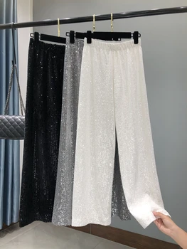 2023 есенно-зимни нови корейски флисовые широки панталони с бели искри, дълги панталони с драпировкой, тънки прави панталони