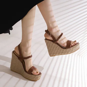 2023 летни дамски сандали, големи размери, дължина 22-28 см, оплетка продукт от изкуствена кожа + слама, обтегач на щиколотке, обувки на висок ток на платформа