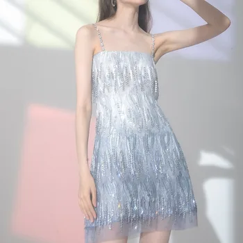 2023 Нова лятна рокля-комбинация с кристали, светло синя вечерна рокля, елегантни вечерни рокли за жени, къса пола трапецовидна форма с пискюли