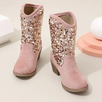 2023 Нови детски обувки за момичета на ниски токчета, бродирани с пайети, елегантни ботильоны принцеса на модния подиум 29-35, Детски обувки, нескользящие, розови, шикозни