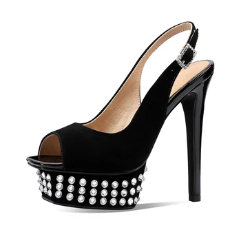 2023 Нови Модни Дамски Кожени сандали с тънък ток, Летни обувки на платформа и висок ток, Луксозен дизайнерски обувки на висок ток, Черно, Лилаво