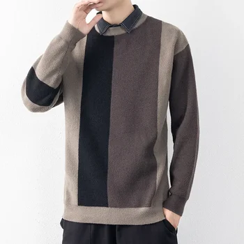2023 Фалшив пуловер с дебела ревера от две части, мъжки пуловер с ревера, бизнес случайни трико