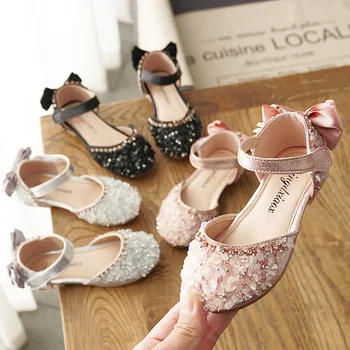 2024, Пролет-лято, Нови Корейски Сандали за момичета подметка с пайети, Обувки принцеси за момичета, Модни Кожени обувки с лък за момичета