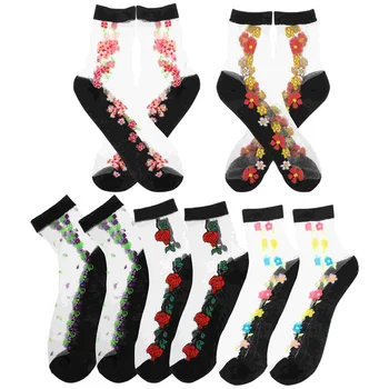 5 Чифта летни женски тънки копринени диша чорапи на щиколотках със защита от куки, Къси памучни чорапи с бродерия (черни, различни цветове в стил 