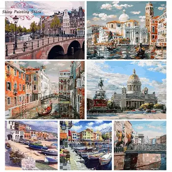 5D САМ Диамантена живопис Венеция Watertown Живописен Пейзаж с пълна квадратна кръгла дрелью, Диамантена бродерия, Мозайка картина, Бродерия бод