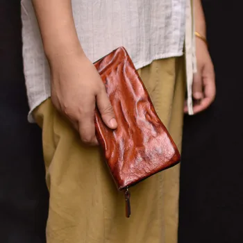 AETOO Ретро кожен портфейл с цип, нишевый дизайн, дълъг портфейл за мъже и жени, ръчна чанта за мобилен телефон от мека телешка кожа