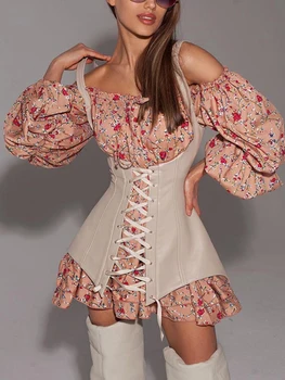 Aynaray 2023 Есенно-зимния женствена мини рокля с открити рамене, с флорални принтом, с дълъг ръкав, Трапециевидное расклешенное корсетное рокля