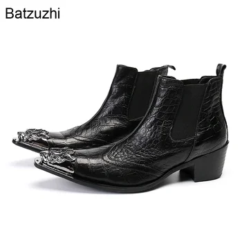 Batzuzhi/ Мъжки Черни ботильоны на висок ток 6 см С остър метален пръсти в Британския стил, Без шнур, Бизнес/Вечер Botas Hombre, Големи размери 46