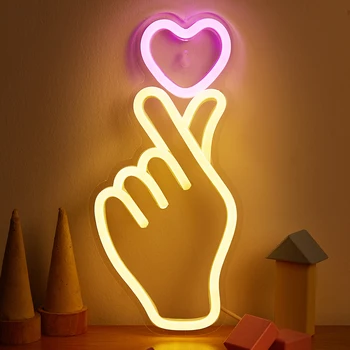 Chi-buy LED Неон Ръка + Сърце Захранва от USB Неонови Надписи лека нощ 3D Стенно Изкуство и Детска Стая, Спалня, Всекидневна Декор За Лампи и Табели