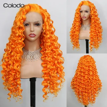COLODO Оранжева перука, завързана отпред, травестит, cosplay, синтетични перуки за жени, 30-инчов Огнеупорни Афро-къдрава перука, без лепило