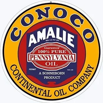 Conoco Amalie Continental Oil Company Моторно Масло Кръгла Метална Лидице Табела Гараж Табела двигателят е с мазителна Знак Новост Забавен Домашен Декор 12X12 Инча