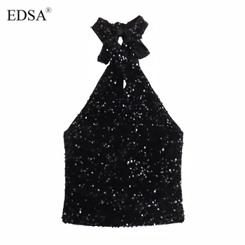 EDSA Дамски модни кадифе блуза с пайети, завязанная зад носа, съкратен топ с отворен гръб, градинска облекло за секси момичета