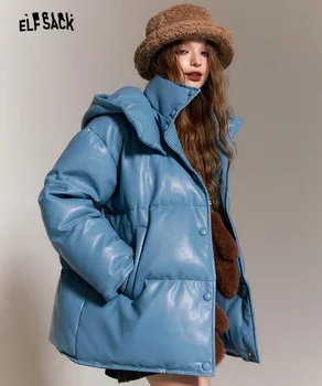ELFSACK, Корейски модни Сини якета от изкуствена кожа, Дамски зимни връхни дрехи 2023 година