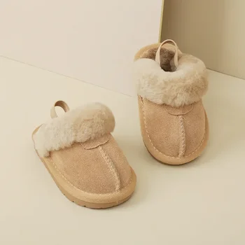 Eu15-30 Зимни нови детски кожени чехли, модни детски зимни ботуши, обувки с памучна подплата, однотонная детски обувки