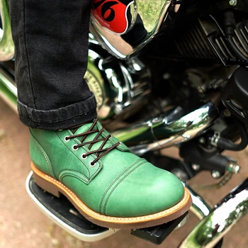 Goodyear-Реколта Мотоциклетни Ботуши От естествена Кожа С Прорези, Висококачествени Мъжки Ежедневни Работни Обувки С Крила И Кръг Пръсти, Червено-Зелени Обувки