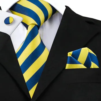 Hi-Tie Мъжка Копринена Вратовръзка на Синьо Маточната Вратовръзка Набор Шарени Жълто Вратовръзка 8,5 см Джобни Квадратни копчета за Ръкавели Официални Вратовръзки За Сватбен Костюм на Едро