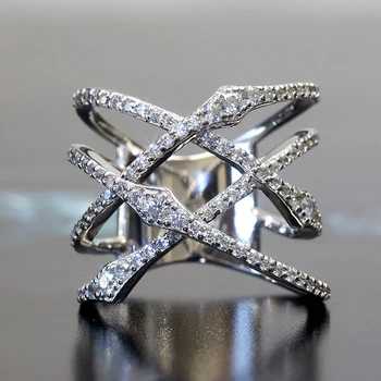Huitan Луксозни пръстени с двойно посредством кръстосване за жени, Сребрист цвят, Искрящ Кубичен цирконий, Дамски пръстени, Вечерни Нови бижута