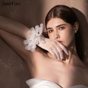 JaneVini Елегантни Къси Бели Сватбени Ръкавици за пълен пръст Ръчна изработка от тюл с 3D цветя, Ръкавици дълги до китката, Аксесоари за сватбени партита