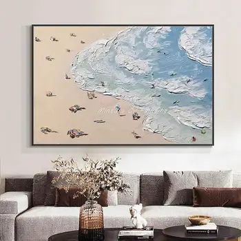 Mintura, Картини с маслени бои с плажен пейзаж, ръчно рисувани, Модерен абстрактен нож, платно, Стенно изкуство, Картини за всекидневната, Декорация на дома