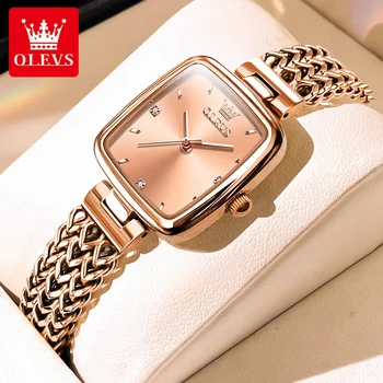 OLEVS Дамски кварцови часовници, Модни Розово Злато Елегантни Дамски часовници е От Неръждаема Стомана Прости Квадратни Водоустойчиви дамски часовници 9951