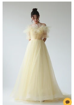 OLOEY Фея Светло жълто тюл Корейски вечерни рокли Фотосесията на Сватбата С отворени на раменете Ръкави Корсет Отзад рокли за бала