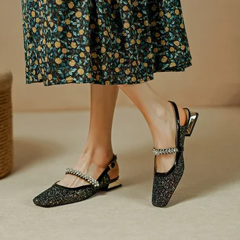 Phoentin/ Дамски модни дизайнерски джапанки от плат с пайети, с квадратни пръсти, с кристали, с катарама, обувки-лодки на ниски токчета, вечерни обувки FT2425
