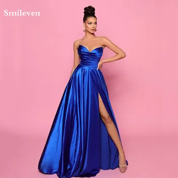 Smileven Кралския син цвят, вечерни рокли, без презрамки, с V-образно деколте, рокли за абитуриентски бал в Саудитска Арабия, Секси вечерна рокля с цепка отстрани