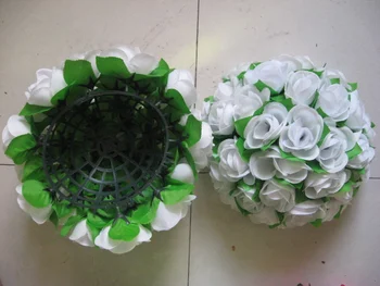 SPR 30 см бяла коприна роза със зелени листа на изкуствени цветя от балони на сватбени целувки поманда цветни топки, 10 бр./лот безплатна доставка