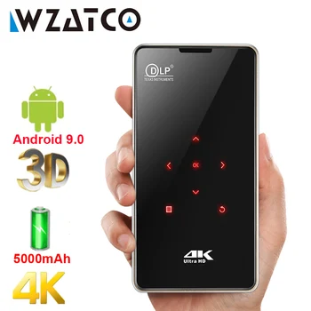 WZATCO P09 МИНИ 3D DLP Проектор Smart Android 9,0 WIFI Airplay Преносим Проектор led Проектор Вградена батерия за пътуване подарък