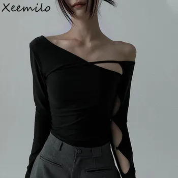 Xeemilo Y2K, Тениска с наклонена деколте и дълъг ръкав В стил Пънк, Модни Прилепнали Блузи С открити рамене, Градинска Дрехи, Черни Тениски