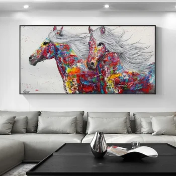 Абстрактни и модерни животни, Живопис с маслени бои върху платно, Печат на плакати, Стенно изкуство, Абстрактни Картини с червени коне за домашен интериор дневна