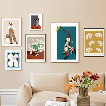 Абстрактни минималистичные стенни рисунки върху платно Плакати с образа на момиче и цветя наем Модерни илюстрации За всекидневна декор