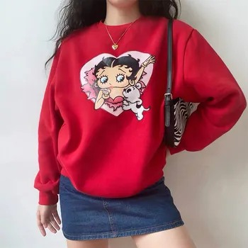 Американски ретро пуловер за момичета с анимационни принтом 80-90-те години, Есента Дебела Топла жилетка с дълъг ръкав, Свободни памучни дамски блузи Y2K