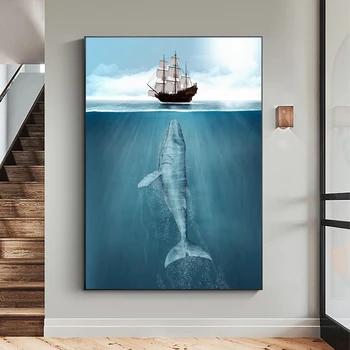 Атака гърбав кит Лов на китобойное кораб Стенни живопис върху платно, постери за защита на животните, за да украсят стените на офиса