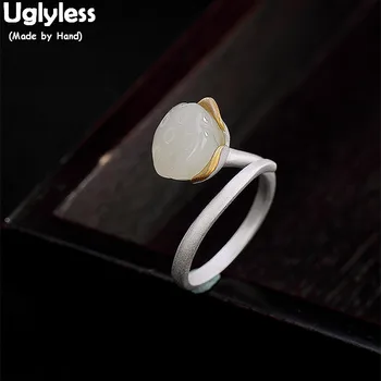 Без деформации, 100% истинско сребро 925 Проба, отворен пръстен ръчно изработени от матирано цвете за жени, пръстен с естествен нефритовым lotus пръст, Изискани бижута