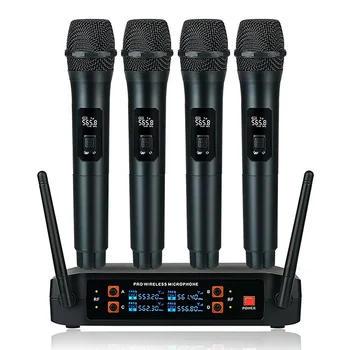 Безжичен VHF микрофон система Професионален 4-канален ръчен микрофон за Караоке микрофон за домашни партита, църковни дейности, високоговорител PA TV