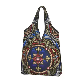 Богато украсена Средновековна Свещения Кръст на Черна Кожена чанта за пазаруване на продукти Забавни чанта през рамо за купувачите Чанта
