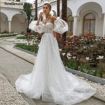 Богемные сватбени рокли Smileven с деколте сърце впечатлява със своя бохемски стил, пищни сватбена рокля с дълъг ръкав, бельо сватбена рокля трапецовидна форма 2021 г.