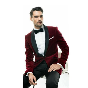 Бордо модерен мъжки костюми от 2 теми, Шик velvet сако с ревери на една пуговице, комплект за абитуриентски бал, Сватба елегантен смокинг приталенного намаляване на