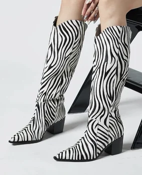 Ботуши до коляното с шарките на зебра на нисък ток с остър пръсти, класическо, модерно секси вечерна рокля, ежедневни обувки