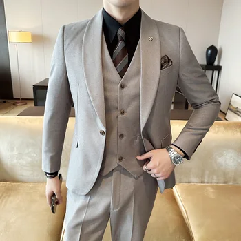 Високо качество (Блейзър + Жилетка + Панталон Мъжки Просто Бизнес Елегантен Модерен костюм на Джентълмен За интервю При кандидатстване за работа, Тънък костюм от 3 теми