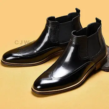 Висококачествени мъжки кожени обувки, Луксозни мъжки обувки Челси от естествена кожа Черно-кафява обувки Ежедневни ботильоны без закопчалка за мъже