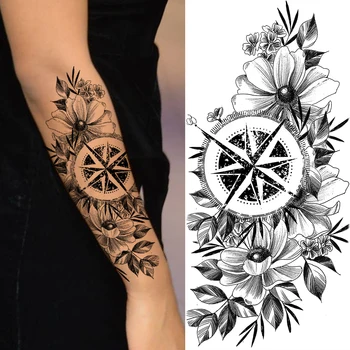 Временни татуировки във формата на цвете Черен божур, компас, за жени, възрастни, Геометрия Рози, Пеперуда, фалшива татуировка, боди арт, татуировка, стикер