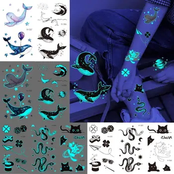Временни татуировки синьо блеснали в мрака Кит За жени, Светещ стикер с фалшиви татуировки във формата на Змии и Котки, Татуировка на лицето за тийнейджъри, комплекти за партита 3D