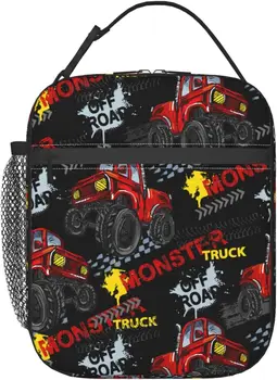 Готина червена чанта за обяд Monster Trucks Cars, изолиран обяд-бокс за възрастни момчета и момичета, здрава преносима чанта-хладилник за пътуване и пикник